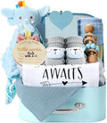 Baby Gift Set Baby Shower Gifts Basket for Newborns New Born Baby Boy Gift Set Blue Baby Gift Basket with Baby Rattle Muslin Towel Security Blanket Gender Reveal Gifts for Baby Girls Boys by Naozinebi