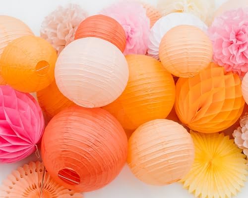 PapaKit Premium Large Party Decoration Set - Paper Lantern, Paper Fan, Tissue Pom Pom, Honeycomb (Bright Orange Bloom, 24 Piece Set) Birthday Party Baby Shower Wedding Event Décor - Image 3