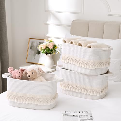 3 Pack Storage Basket for Shelves, Boho Cotton Rope Storage Bins with Heavy Tassel, Shelf Baskets Large Woven Baskets for Organizing, Cube Organizer Bins, Baby Laundry Basket for Clothes, Toys, Pets - Image 2