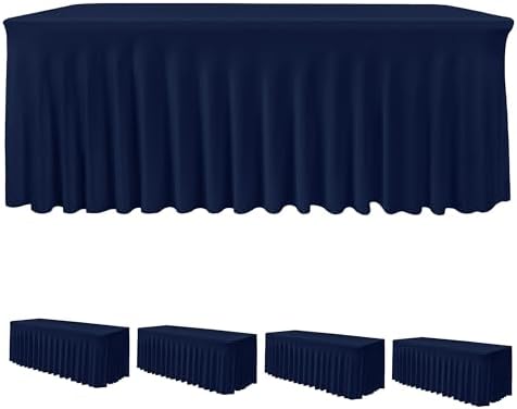 4 Pack Navy Spandex Table Covers 8ft Rectangle Ruffle Skirts for Party by HolidayIdeas