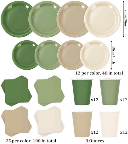 Whaline 244Pcs Nude Sage Green Tableware Set Serves 48 4 Colors Disposable Dinnerware 48 9" Plates 48 7" Plate 48 9oz Cups 100 Napkins for Wedding Birthday Party Supplies - Image 2