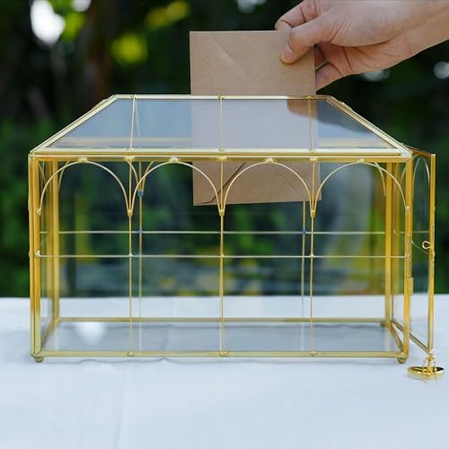 Wedding Card Box with Slot and Lock, 12.6'' Large Gold Card Box for Reception, Glass Decorative Card Holder, Reusable Keepsake Storage for Wedding, Party, Baby Showers, Tabletop Decor - Image 4