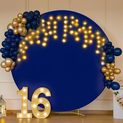 7.2 FT Navy Blue Round Backdrop Cover with Lights String for Circle Arch Stand Circle Backdrop Covers with LED Fairy Lights for Wedding Arch Baby Shower Birthday Party Photo Photography Background - Image 5