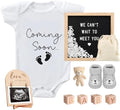 9 Pcs Pregnancy Announcements Set, Include Felt Letter Board Baby Bodysuit Shoes and Wooden Sign Surprise Announcement for Grandparents Partner Gift Family Reveal(White Coming soon-grey shoe) by SytuHete