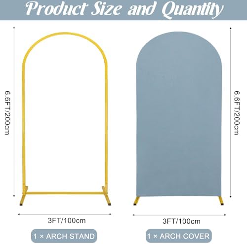 Metal Arch Stand and Cover Set,1 Dusty Blue Spandex Fitted Backdrop with 1 Gold Wedding Arched Stand Frame for Parties Birthday Baby Shower Bridal Banquet Decoration (6.6FT) - Image 2