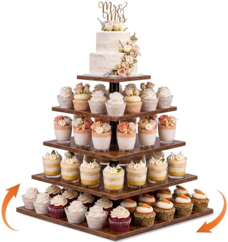 Funnymoom 5 Tier Large Square Cupcake Stand for 100 Cupcake Rustic Cupcakes Tower 360° Rotatable Wooden Cupcakes Holder Table Display Dessert Stand for Bday Graduation Birthday Shower Wedding 15.9'' by Funnymoom