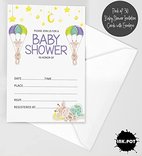 Pack of 30, Boy/Girl Baby Shower Party Collection, Baby Shower Invitation Cards, Fill in the Blank Invites WIth Envelopes, Giraffe Theme Party Supplies - Image 2