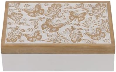 Wooden Keepsake Box - Decorative Wood Boxes with Hinged Lid, Butterfly Engraved Design, 10.24" W by Synovana