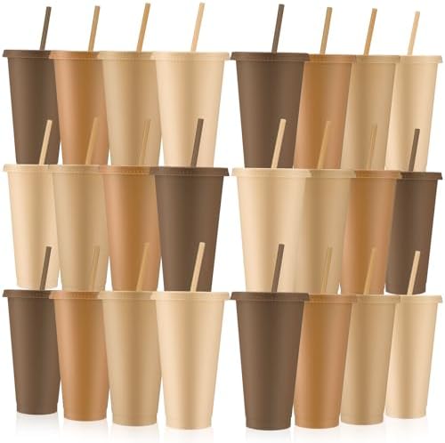 Skylety 24 Pcs Brown Plastic Cups with Lids and Straws 24 oz by Skylety