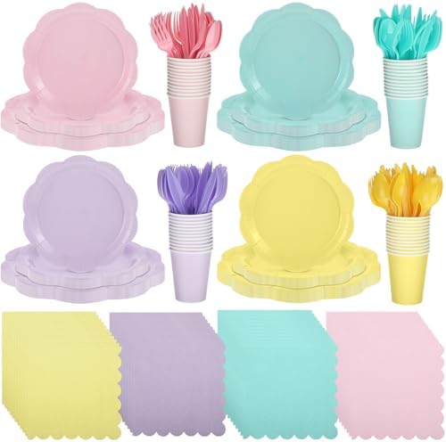 Qinyoung 388 Pcs Pastel Plates and Napkins Party Supplies Tableware Include Disposable Scalloped Plate Paper Napkin Cup Plastic Cutlery for Baby Shower Party Wedding Birthday, 48 Sets by Qinyoung