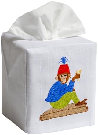 Jacaranda Living Square Tissue Box Cover, Linen/Cotton Tissue Holder, Decorative Cloth Tissue Cover, Fits Standard Square Tissue Boxes, Embroidered Animal Designs (Martini Monkey) by JacarandaLiving