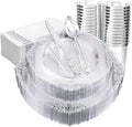 FLOWERCAT 175PCS Clear Silver Plastic Plates -Include 50 Plates, 25 Cups, 25 Forks, 25 Knives, 25 Spoons, 25Napkins for Wedding & Party&New Year by FLOWERCAT