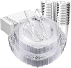 FLOWERCAT 175PCS Clear Silver Plastic Plates -Include 50 Plates, 25 Cups, 25 Forks, 25 Knives, 25 Spoons, 25Napkins for Wedding & Party&New Year by FLOWERCAT