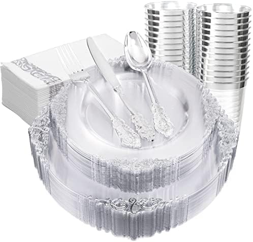 FLOWERCAT 175PCS Clear Silver Plastic Plates -Include 50 Plates, 25 Cups, 25 Forks, 25 Knives, 25 Spoons, 25Napkins for Wedding & Party&New Year by FLOWERCAT