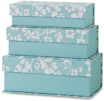 Soul & Lane - Decorative Storage Boxes with Lids, Set of 3, Blue Botanical by SoulLane