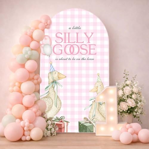 Arch Backdrop Cover One Silly Goose Baby Shower Girl Pink 1st Birthday Party Decors Spandex Stretchy Arch Stand Cover Plaids Cartoon Banquet Props (6.6FT,Cute) - Image 3