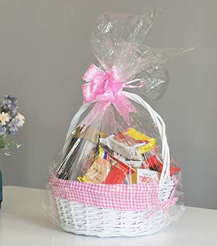 White Round Willow Gift Basket with Pink Gingham Liner & Handle, Mediun – Empty Christmas Basket for Gifts, Holiday Wicker Basket, Basket to Fill - Image 6