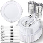 Nervure 350Pcs Silver Plastic Plates, Plastic Dinnerware Set for 50 Guests by Nervure