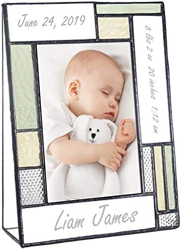Personalized Baby Picture Frame Green and Yellow Engraved Glass 4x6 Vertical Photo Nursery Decor Newborn Gift for Girl or Boy J Devlin Pic 430-46V EP530 by JDevlinGlassArt