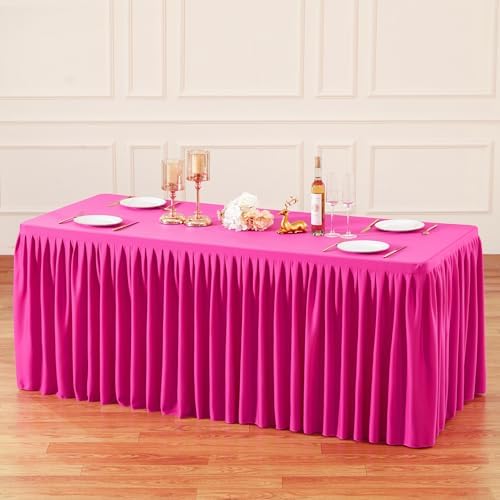 Wish Care Hot Pink Polyester Table Clothes for 4 Foot Rectangle Tables, Wrinkle Free Fitted Table Cover with Pleated Ruffle Table Skirt for Birthday Party Wedding Trade Show Event Display - Image 3