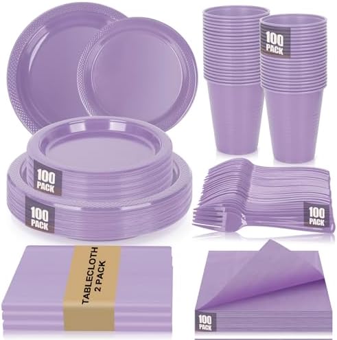 100 Guests Lavender Plastic Plates and Napkins Party Supplies for Birthday by UseOnceDoneRight