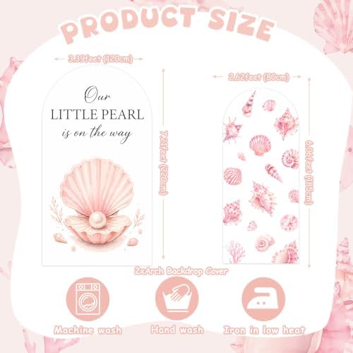 2PCS A Little Pearl is on the Way Baby Shower Arch Backdrop Cover 6ft 7.2ft Stretchy Seashell Theme A Little Pearl is on the Way Backdrop for Under the Sea Baby Shower Decorations Party Supplies - Image 2