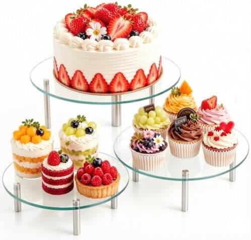 Hacaroa 3 Pcs Tempered Glass Cupcake Stands for Party, 9,11,12.6 Inch Round Food Display Stand Clear Retail Risers for Cakes, Desserts, Pastries, Appetizers by Hacaroa