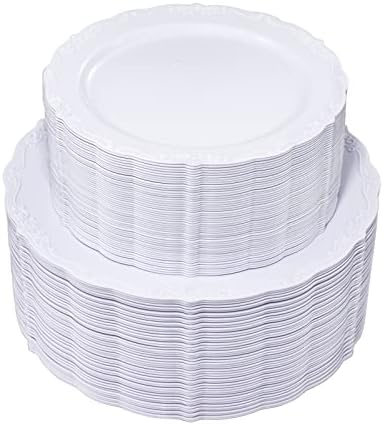 U-QE 100 Pcs White Plastic Plates, White Plates Disposable for Party by U-QE