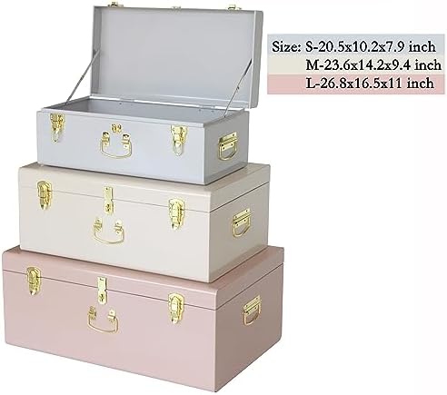 Vixdonos Decorative Box Set of 3 Metal Trunks Chest with Safety Lock Clasp for Treasure Organization and Home Dorm Decor,26.8x16.5x11Inches - Image 2