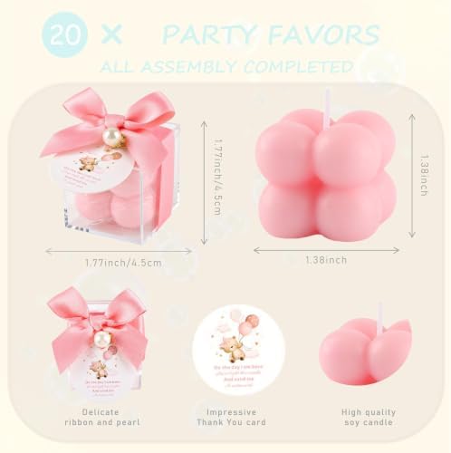 20 Set Fully Assembled Small Bubble Candles Elegant Baby Shower Favors Bulk Set with Decorative Ribbons Thank You Cards for Baby Shower Guest Gifts (20, Pink Bear) - Image 2