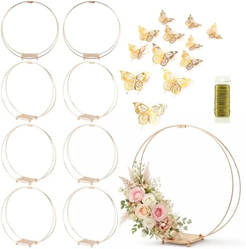 8 Pack 18 Inches Metal Double Floral Hoop Centerpieces with Stand and 38-Yard Paddle Wire Craft Centerpiece Table Decorations Wedding/Baptism/Party/Centerpiece DIY Metal Ring Table Décor, Gold by MJRASG