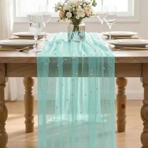Artoid Mode 10-Pack Pearl Turquoise Gauze Table Runner 10FT Home Decor - Image 2