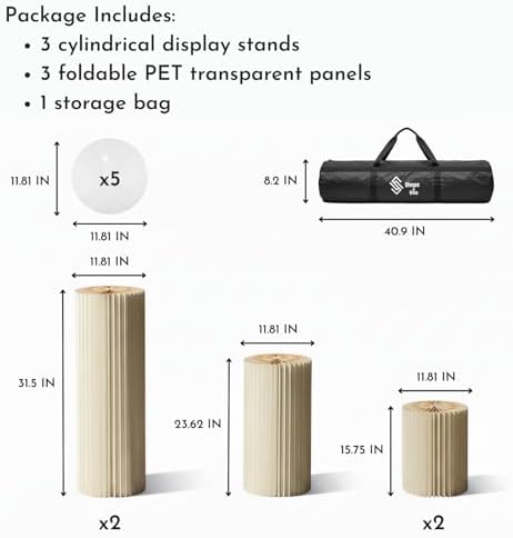 Cylinder Stands for Party, Shape&Use 5PCS Round Cream White Pedestal Display Stands, Foldable Cardboard Columns for Wedding, Birthday, Anniversary Decor, 11.8in Dia. (15.7*2/23.6/31.5*2in H) with Storage Bag - Image 2