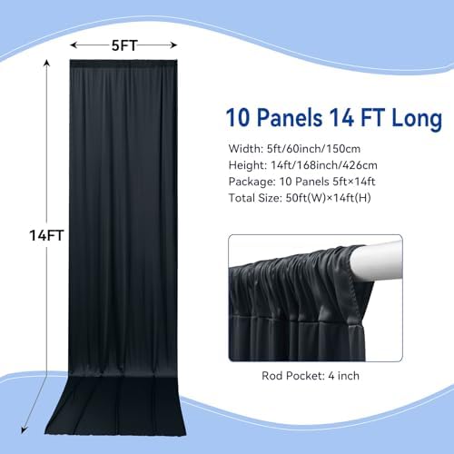 50×14ft Wrinkle Free Black Backdrop Curtain for Parties Wedding,10 Panels 5×14ft Height Soft Silky Polyester Photo Backdrop Drapes for Birthday Graduation Photography Stage Event Background Cloth - Image 4