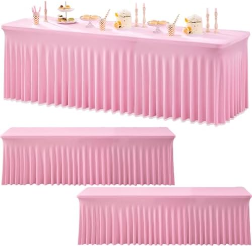 3pk Baby Pink Spandex Tablecloths for 8 Foot Rectangle Tables, Stretchy Table Cloths 8FT Pink Fitted Table Cover Desk Skirt for Wedding Party Birthday Banquet Baby Shower by Htper