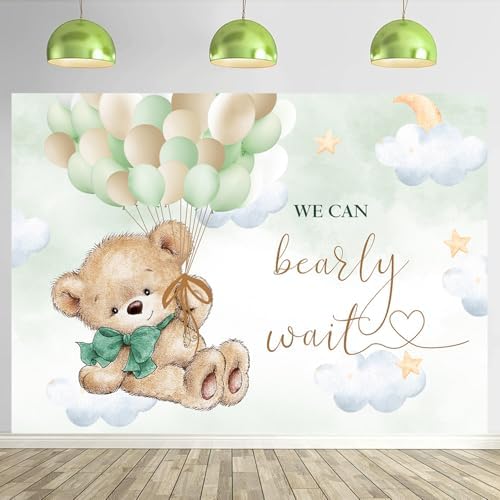 InMemory Bear Baby Shower Backdrop Sage Green Neutral Banner for Boy Girl - Image 2