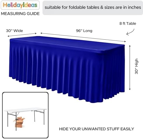 2 Pcs Royal Blue Spandex Table Covers 8ft Rectangle Ruffle Skirts for Party - Image 4