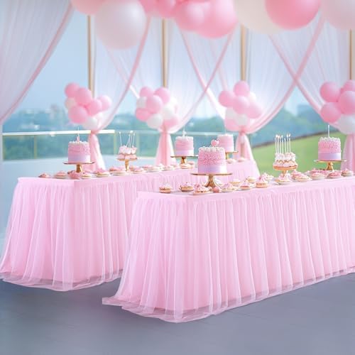 Pink Table Cloths for Parties Light Pink Tulle Tablecloth Rectangle, Pink Tulle Table Skirt Rectangle Table 6ft Fitted Table Covers Stretch Elastic Banquet Party Baby Shower Wedding Table Cloth 6 Foot - Image 4