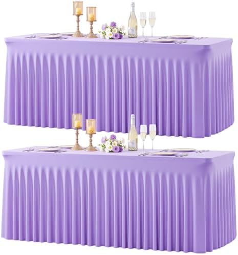 2 Pack Lavender Spandex Tablecloths for Rectangle Tables Light Purple Stretch Table Cloth Rectangle 6ft Lilac Elastic Fitted Table Cover with Skirt for Wedding Birthday Party Banquet Baby Shower by Suppromo