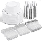 WELLIFE 300Pcs Silver Elegant Plastic Dinnerware Set for 50 Guests - Premium Disposable Party Supplies Includes Dinner Plates, Salad Plates, Cups & Flatware Set for Wedding, Anniversary, Banquet by WELLIFE