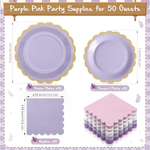 Zhehao 150 Pcs Purple and Pink Paper Plates Napkins Serves 50 - Image 4
