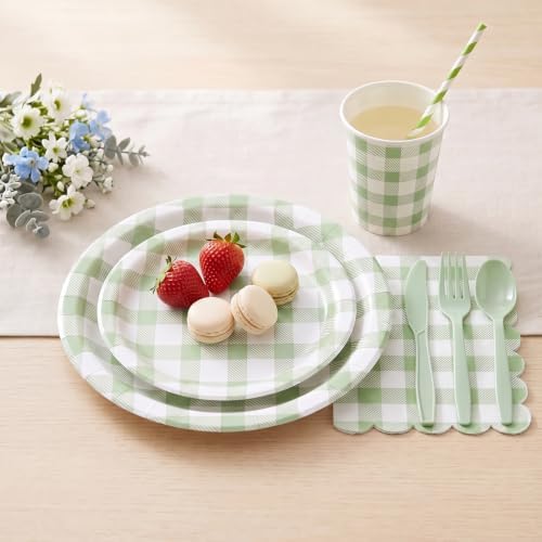 400 Pcs Sage Green Gingham Paper Plates and Napkins Set for 50, 9" Dinner Plates & 7" Dessert Plate, Tableware for Garden Birthday Party - Image 3