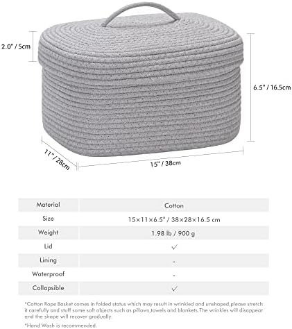 Sea Team Oval Storage Basket, Woven Cotton Rope Basket with Lid, Gray - Image 4