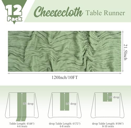 12 Pack Sage Green Table Runner 10Ft Cheesecloth Table Runner Rustic Gauze Table Runners Romantic Long Sage Sheer Fabric Cheese Cloth Table Runners for Wedding Party Bridal Baby Shower - Image 2
