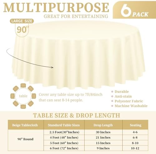 Showgeous 90 Inch Beige Round Tablecloths, Polyester Table Covers - Image 2