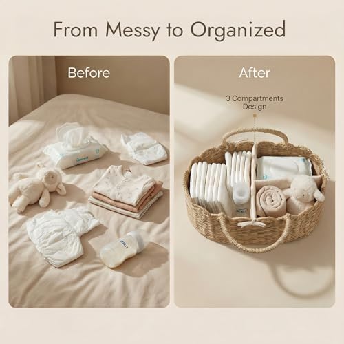 YANGQIHOME Diaper Caddy Organizer, Seagrass Nursery Baby Basket for Baby Essentials, Scalloped Wicker Diaper Caddy, Baby Shower Gifts (MeadowNest) - Image 3