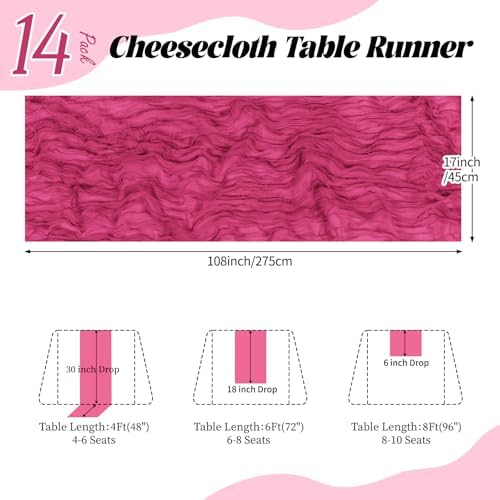 14 Pack Hot Pink Cheesecloth Table Runner 17x108 Inch Semi Sheer Boho Gauze Cheese Cloth Fabric Table Runners, for Wedding Party Baby Shower Birthday Home Decor Garden Farmhouse - Image 2