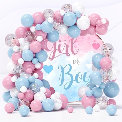 YongFoto Boy or Girl Gender Reveal Round Backdrop Cover 6.5ft Loving Heart Pink Blue Photography Background He or She Pregnancy Reveal Welcome New Baby on The Way Party Banner Photoshoot Props - Image 3