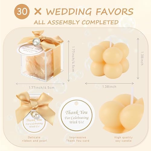 ACITHGL 30 Sets Fully Assembled Small Bubble Candle Party Favors for Guests Bulk Bridal Showers Favors Candles with Stylish Ribbons Thank You Cards Gifts (Champagne) - Image 2