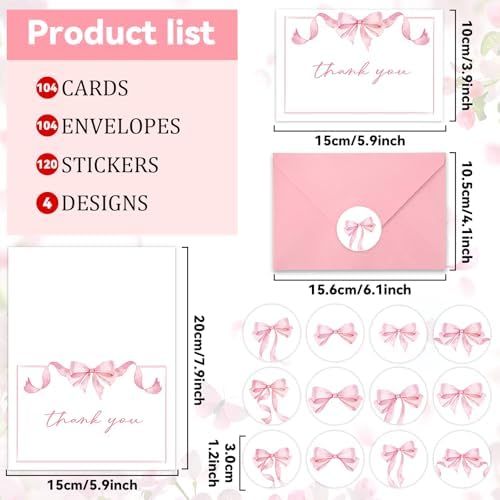 104 Pack Pink Bow Thank You Cards With Envelopes Stickers Bow Thank You Card Bulk Pink Bowknot Greeting Gift Elegant Blank Note Cards Set for Wedding Baby Shower Birthday Party Supplies 4x6inch - Image 2